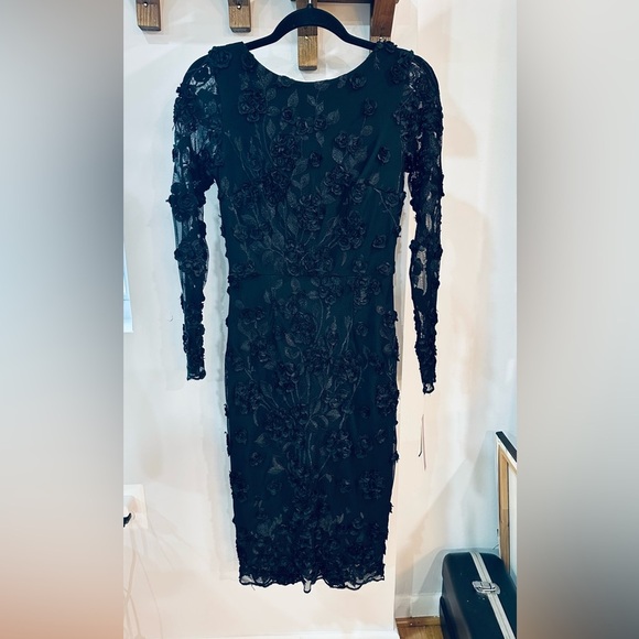 NWT AQUA Floral Embroidered Cocktail Party Dress Midi Long Sleeve Black - Picture 10 of 15
